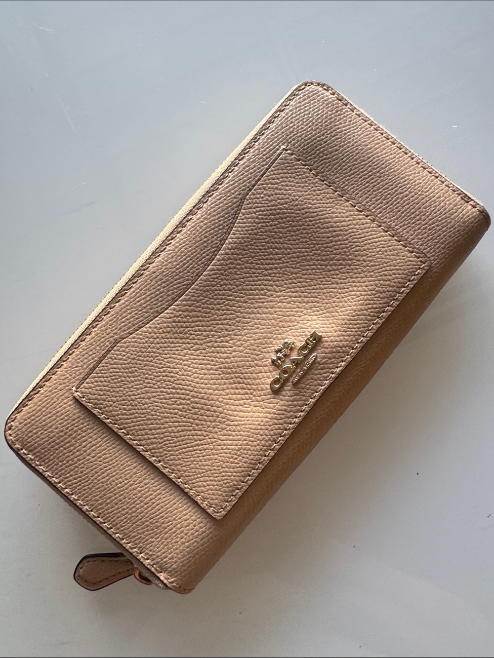 Coach Pebble Leather Continental Wallet - Beige Tan with Gold Hardware